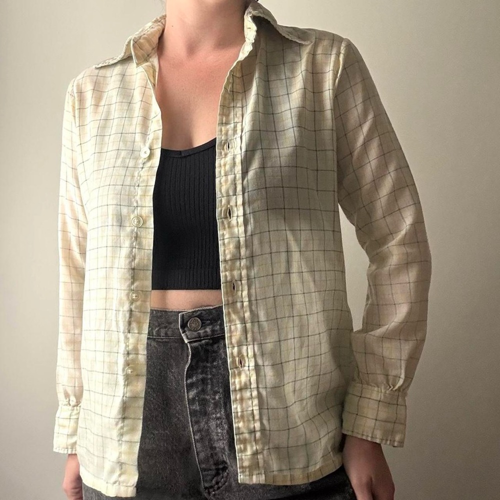 Vintage David Ferguson lightweight yellow & cream plaid checked button up shirt - Picture 2 of 8